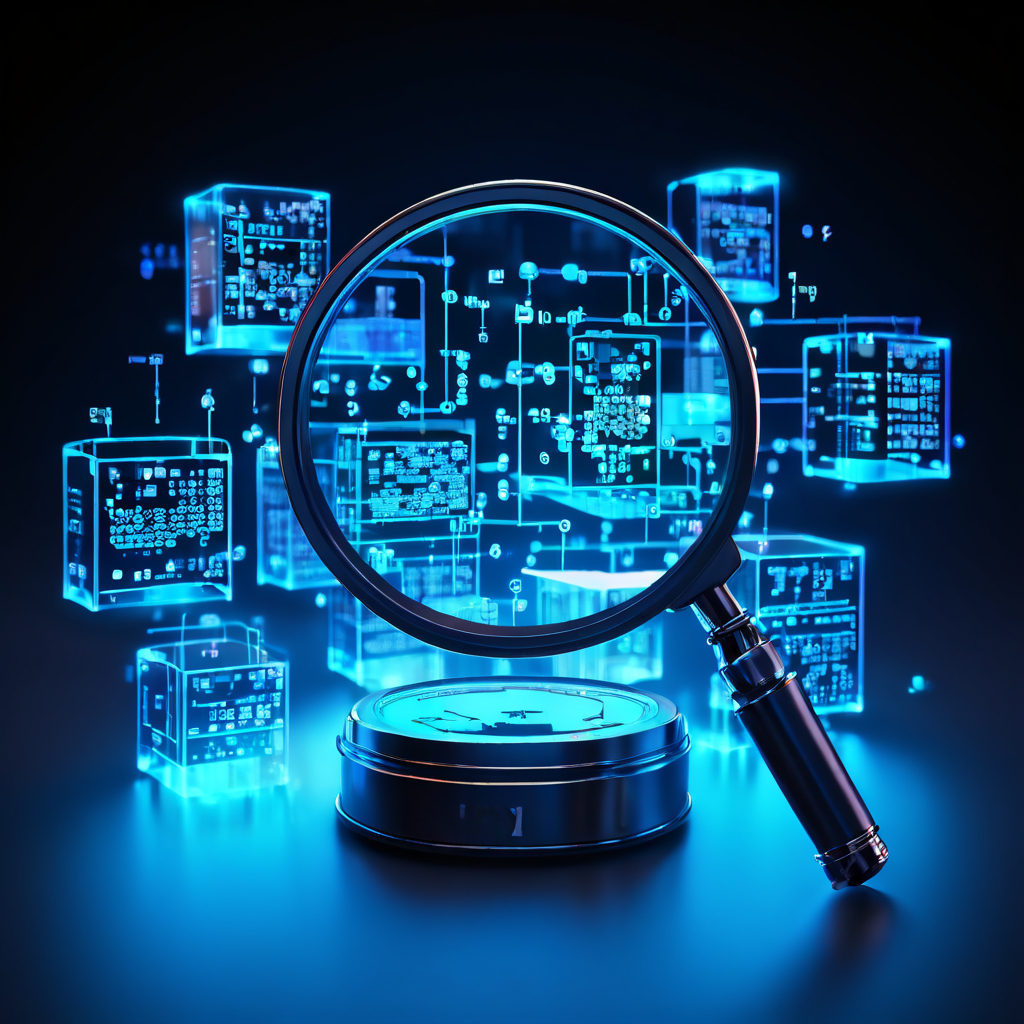 확대경으로 들여다본 블록체인 코드에서 고비용 저장 작업을 강조하는 빛나는 데이터 큐브와 상승하는 가스비 측정기가 나타나는 개념도입니다.