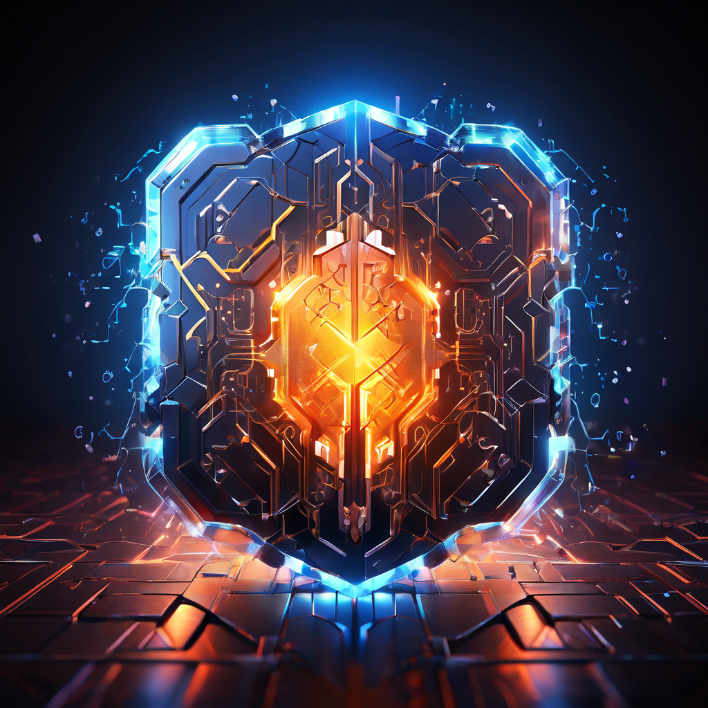 복잡한 양자 알고리즘과 기하학적 형태의 공격으로 균열이 가는 빛나는 블록체인 보안 실드를 묘사한 이미지로, 기존 암호화 기술이 양자 컴퓨팅에 직면한 도전을 상징적으로 보여줍니다.