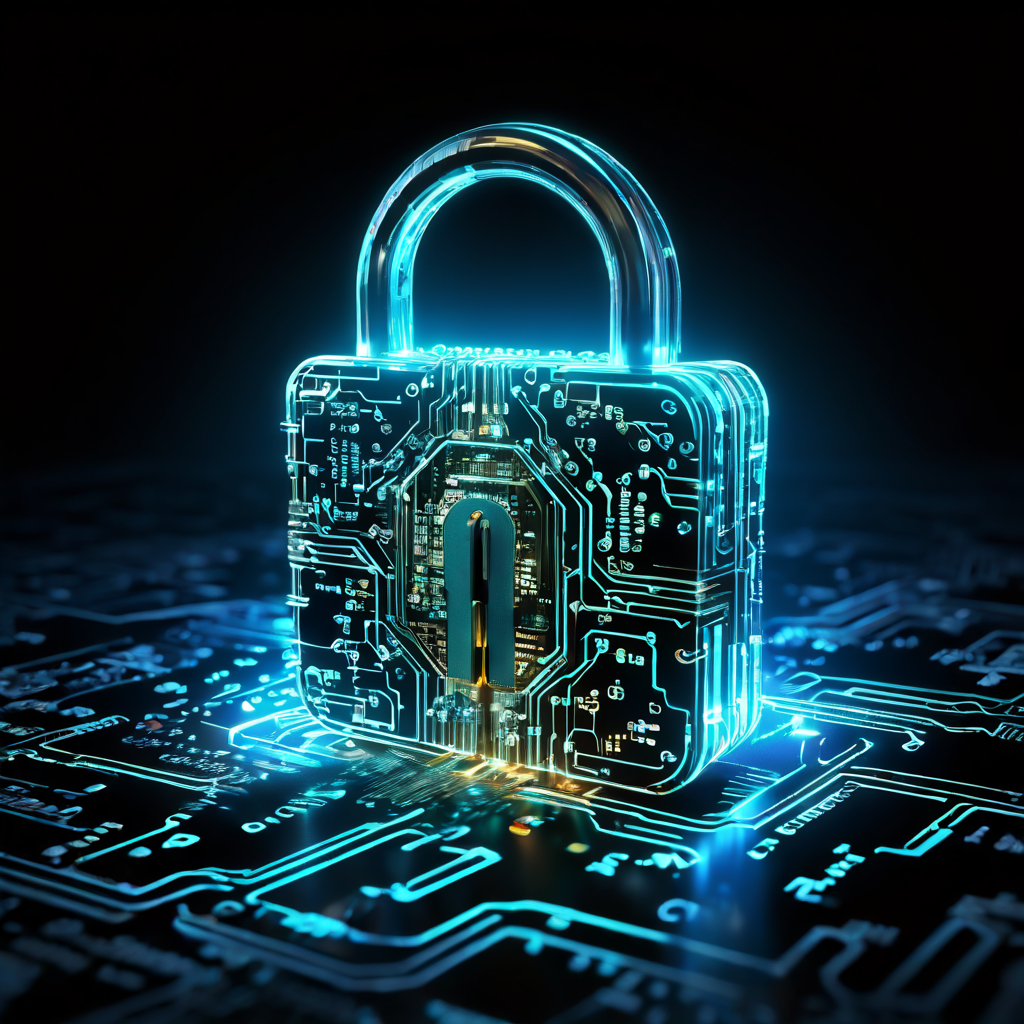 회로판 위에 떠 있는 빛나는 자물쇠로 암호화된 데이터에 대한 계산을 수행하는 과정을 시각화한 이미지로, 수학 기호가 자물쇠로 흘러들어가고 새로운 암호화된 기호가 생성됩니다.