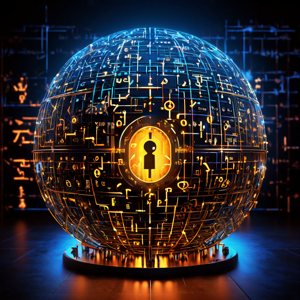 복잡하게 빛나는 수학적 숫자와 기호의 격자 구조 안에 보안 자물쇠가 내장되어 데이터 암호화의 강력한 보안 개념을 시각적으로 표현한 이미지입니다.