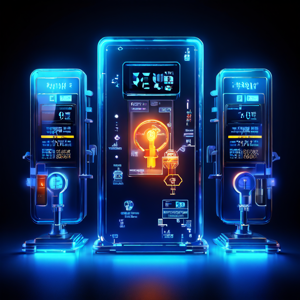 가스 요금 납부 방식이 유료 계량기와 현금 결제에서 디지털 결제 인터페이스로 발전하고, 최종적으로 추상적인 디지털 키나 스마트 계정 상징으로 진화하는 개념을 시각화한 이미지입니다.