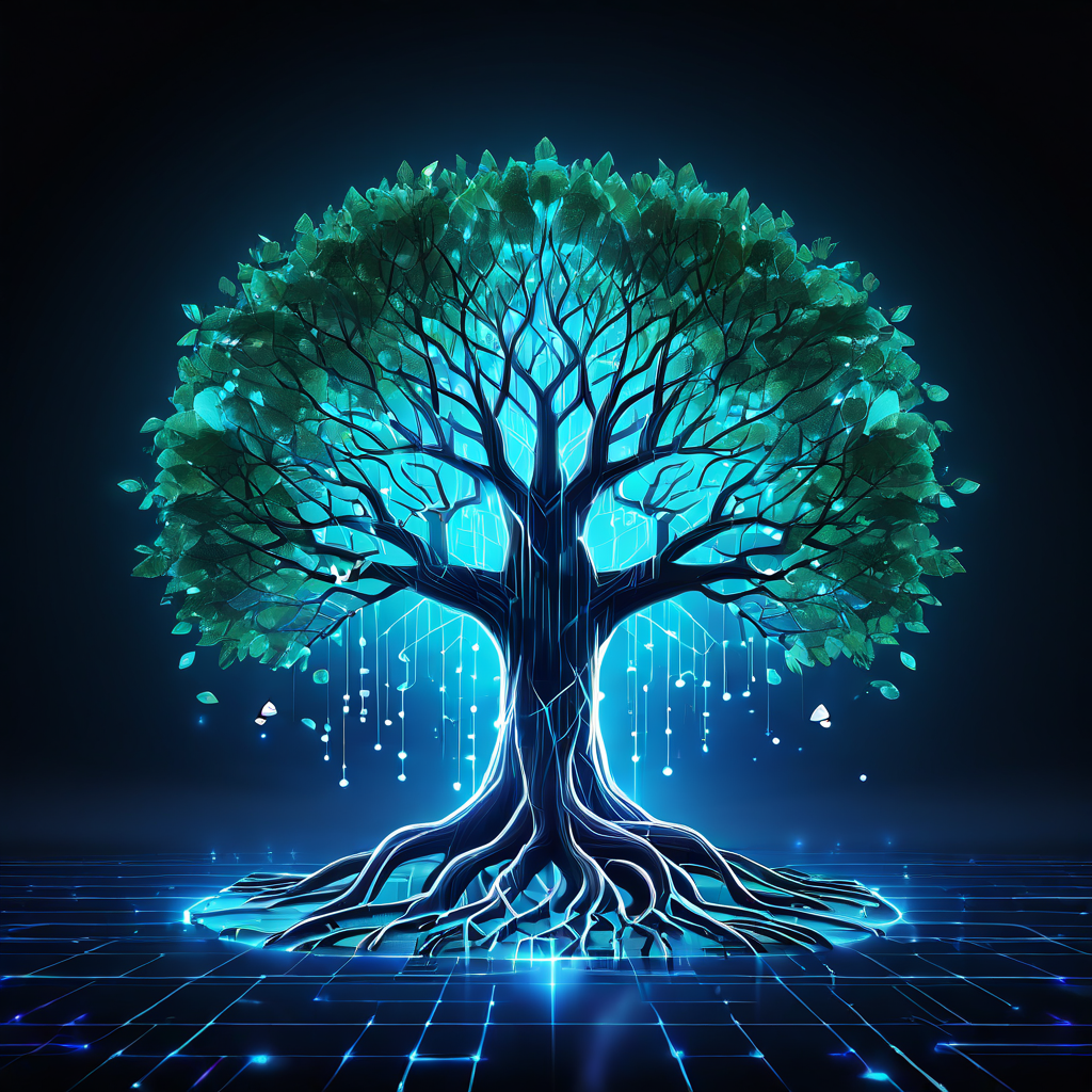 빛나는 뿌리와 가지를 가진 디지털 나무가 데이터 블록으로 된 잎사귀를 달고 있어, 안전하고 신뢰할 수 있는 블록체인 검증 시스템의 개념을 시각적으로 표현한 이미지입니다.