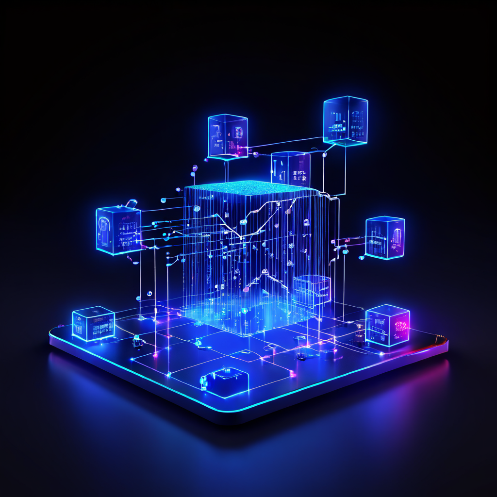 블록체인 데이터 저장 계층 구조를 3D 다이어그램으로 시각화한 이미지로, 빛나는 노드와 데이터 흐름을 나타내는 선이 연결되어 있으며 거래 발생 지점에는 가격 태그 아이콘이 표시되어 있습니다.