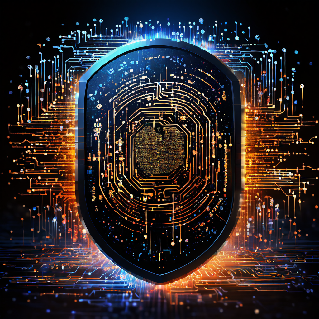 디지털 지문이 변형되며 검증의 방패가 형성되고, 무질서한 데이터 흐름이 주변을 휘감는 모습이다.