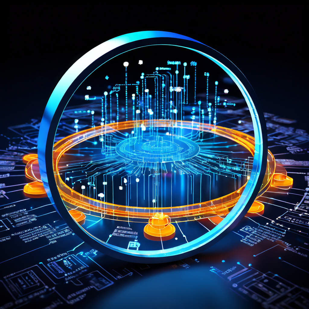 빛나는 데이터베이스 쿼리 계획도에서 돋보기가 빠르게 움직이는 인덱스 경로를 비추며 느린 데이터 흐름을 최적화하는 모습이다.