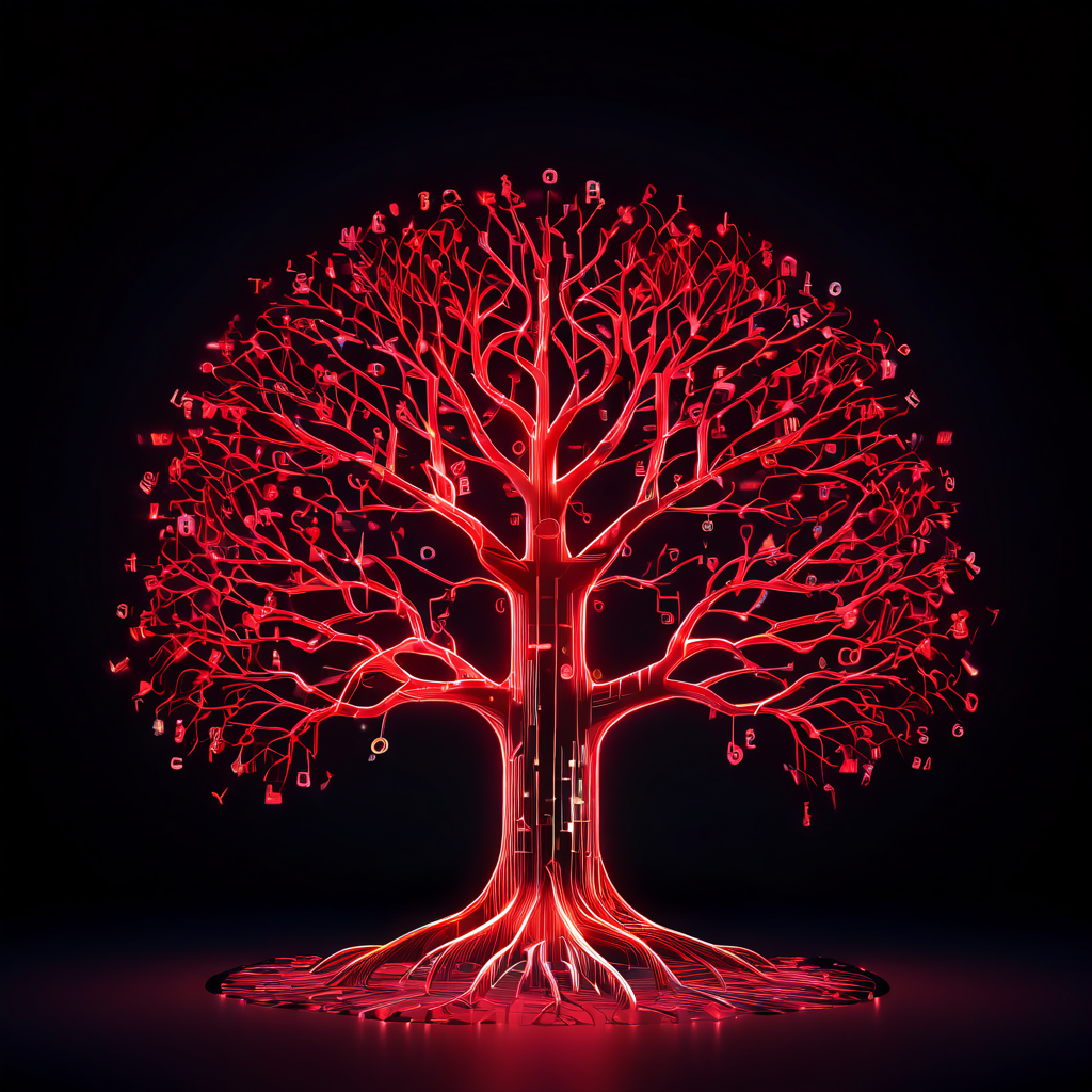 이진 머클 트리가 수학 방정식의 가지로 빛나며 데이터 검증의 효율성과 암호화적 무결성을 상징적으로 표현한 개념도입니다.