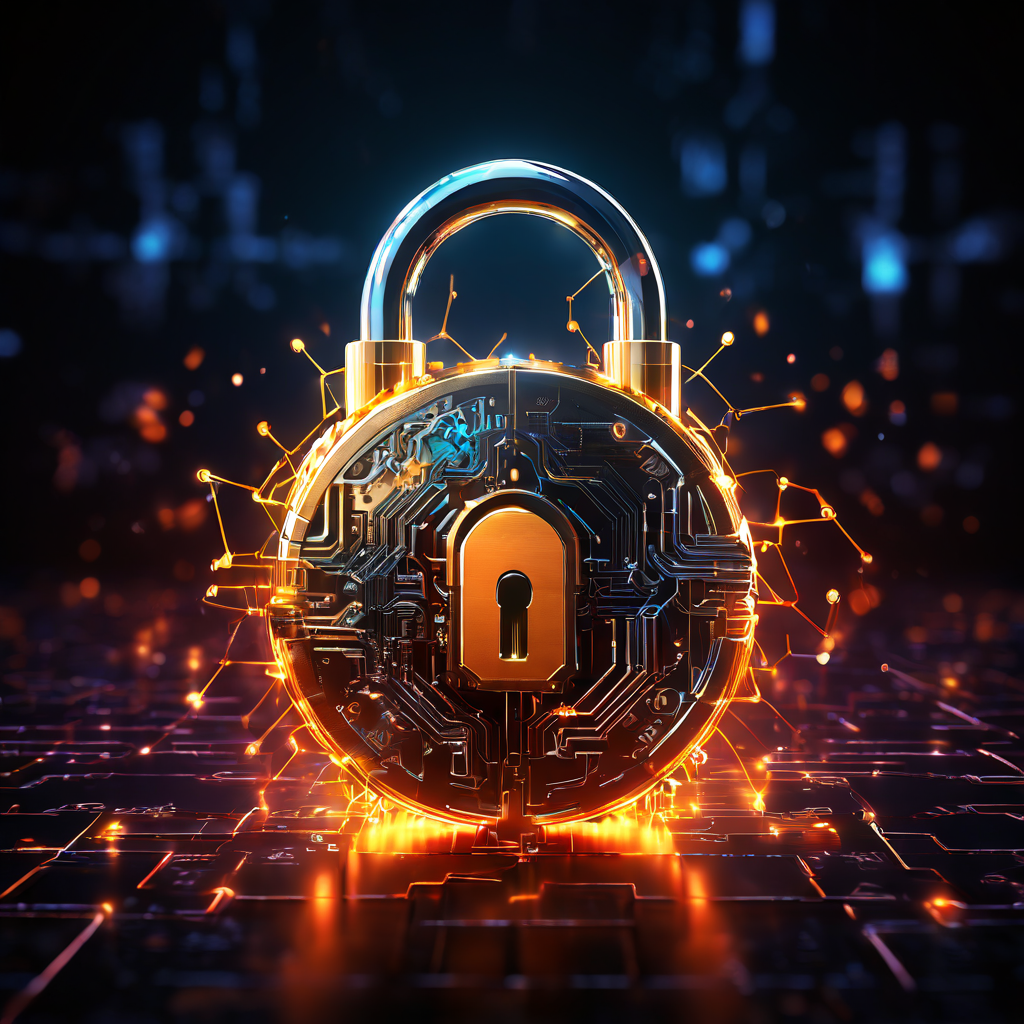 블록체인 네트워크의 보안 위협을 상징적으로 표현한 이미지로, 빛나는 디지털 자물쇠의 한 고리가 금이 가 있으며 주변에 위협 벡터가 맴돌고 있습니다.