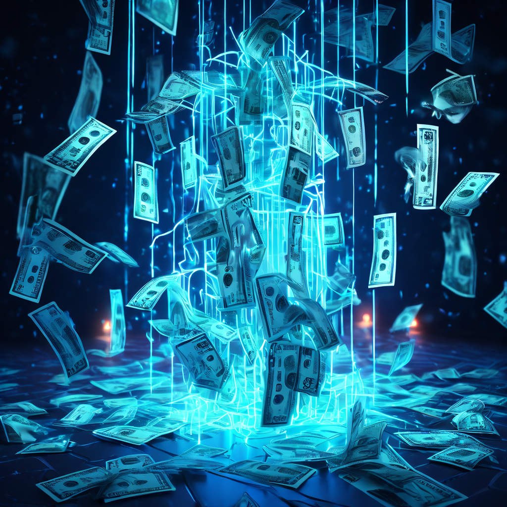 얼어붙고 뒤엉킨 디지털 거래가 오류 코드로 희미해지는 빛나는 통화 기호와 함께, 사라지는 돈의 연쇄 작용을 일으키는 모습이다.