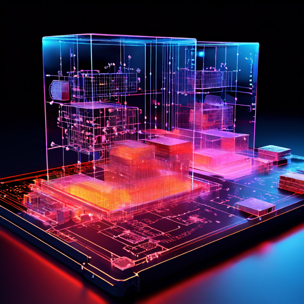 3D 다이어그램은 채굴 레이저를 통해 데이터 블록이 결정체 저장 매체에 영구적으로 새겨지는 과정을 기술적 설계도와 함께 상세히 보여주는 이미지입니다.