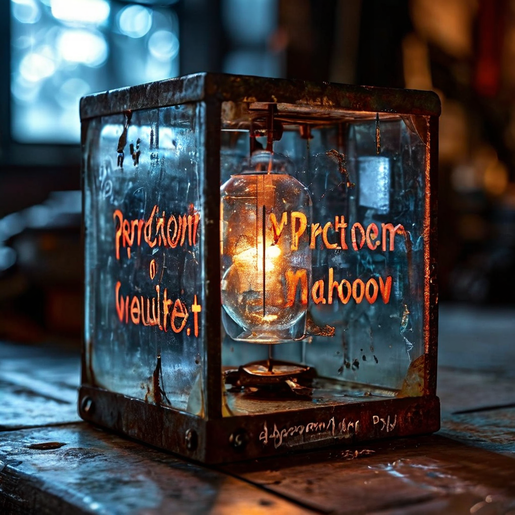 예측 시장의 투명하게 빛나는 큐브 안에 망가진 녹슨 기어가 걸려 결과 해석의 불확실성과 시스템의 취약점을 상징적으로 표현한 개념도입니다.