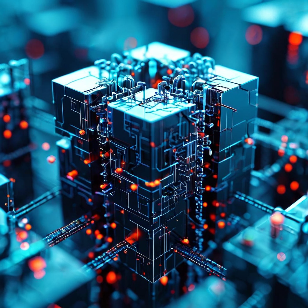 전통적인 블록체인 구조가 더 작고 상호 연결된 단위로 근본적으로 분해되어 나노 블록 격자 구조의 핵심을 형성하는 과정을 시각적으로 보여주는 이미지입니다.