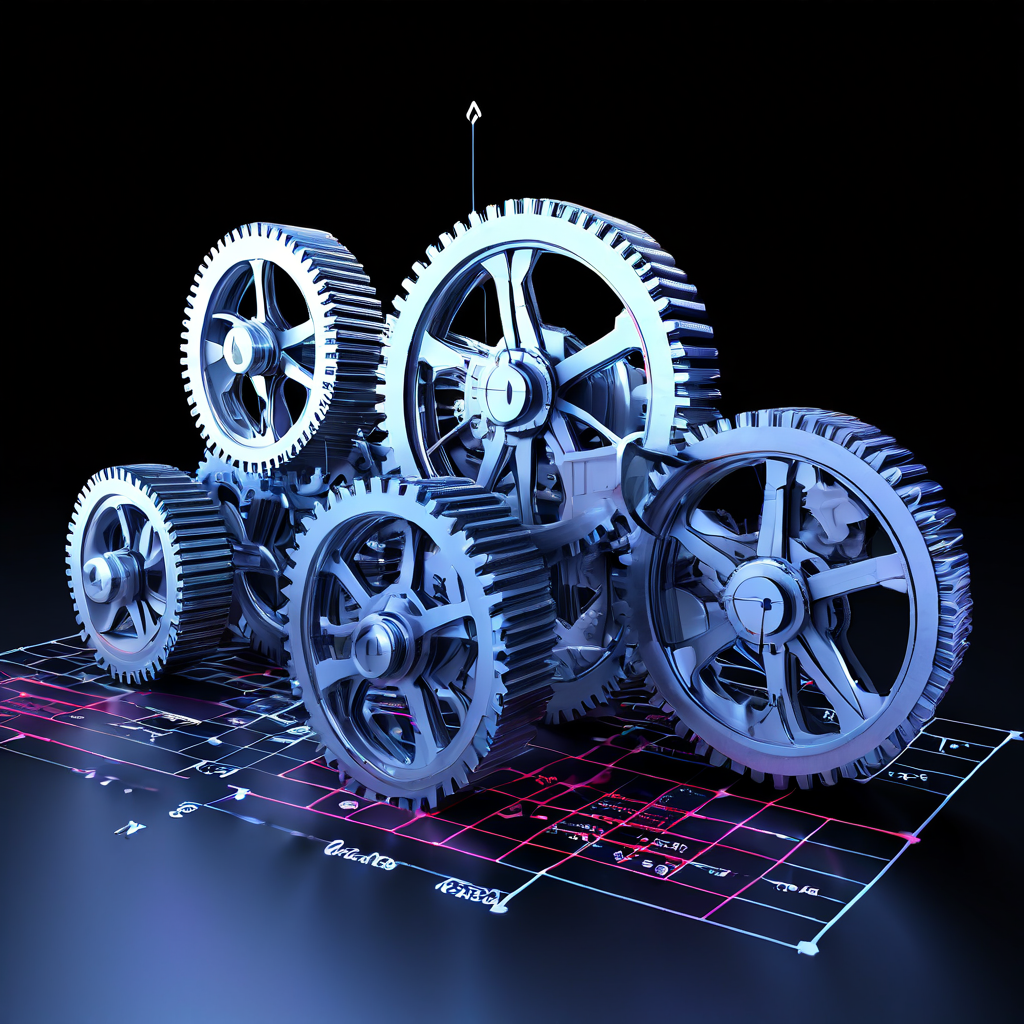 인덱서, 큐레이터, 델리게이터라는 세 개의 기어가 맞물려 돌아가는 3D 다이어그램으로, 주변에는 수학 공식과 상승하는 그래프가 투영되어 데이터 관리 시스템의 효율적인 협업 구조를 시각화합니다.