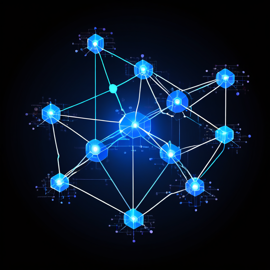 블록체인 네트워크의 중앙 프로토콜 노드가 주변 노드들의 상호 연결된 합의 투표를 통해 업그레이드되는 과정을 설명하는 추상적인 개념도입니다.