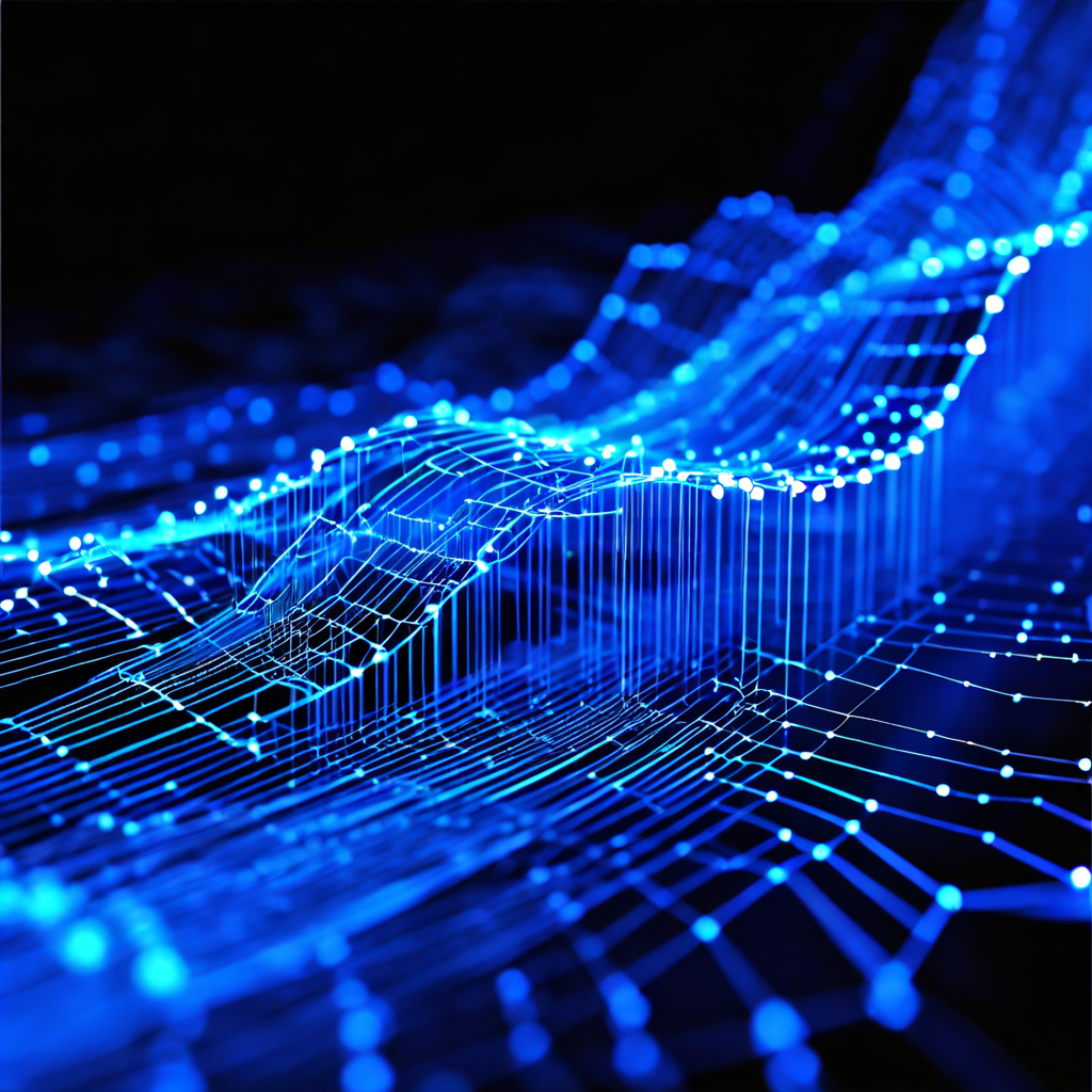 데이터 스트림이 비용 효율적인 구조인 The Graph Protocol 프레임워크로 유입되는 과정을 시각화한 추상적인 데이터 흐름 그래프