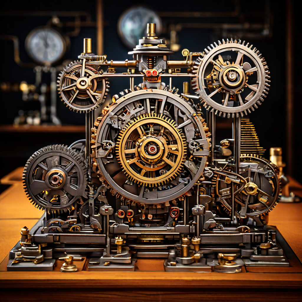 자동 조절 경제 시스템을 상징하는 '토큰'이라 표시된 맞물린 기어들과 정밀 저울이 복잡하게 연결된 기계 장치를 묘사한 개념도입니다.