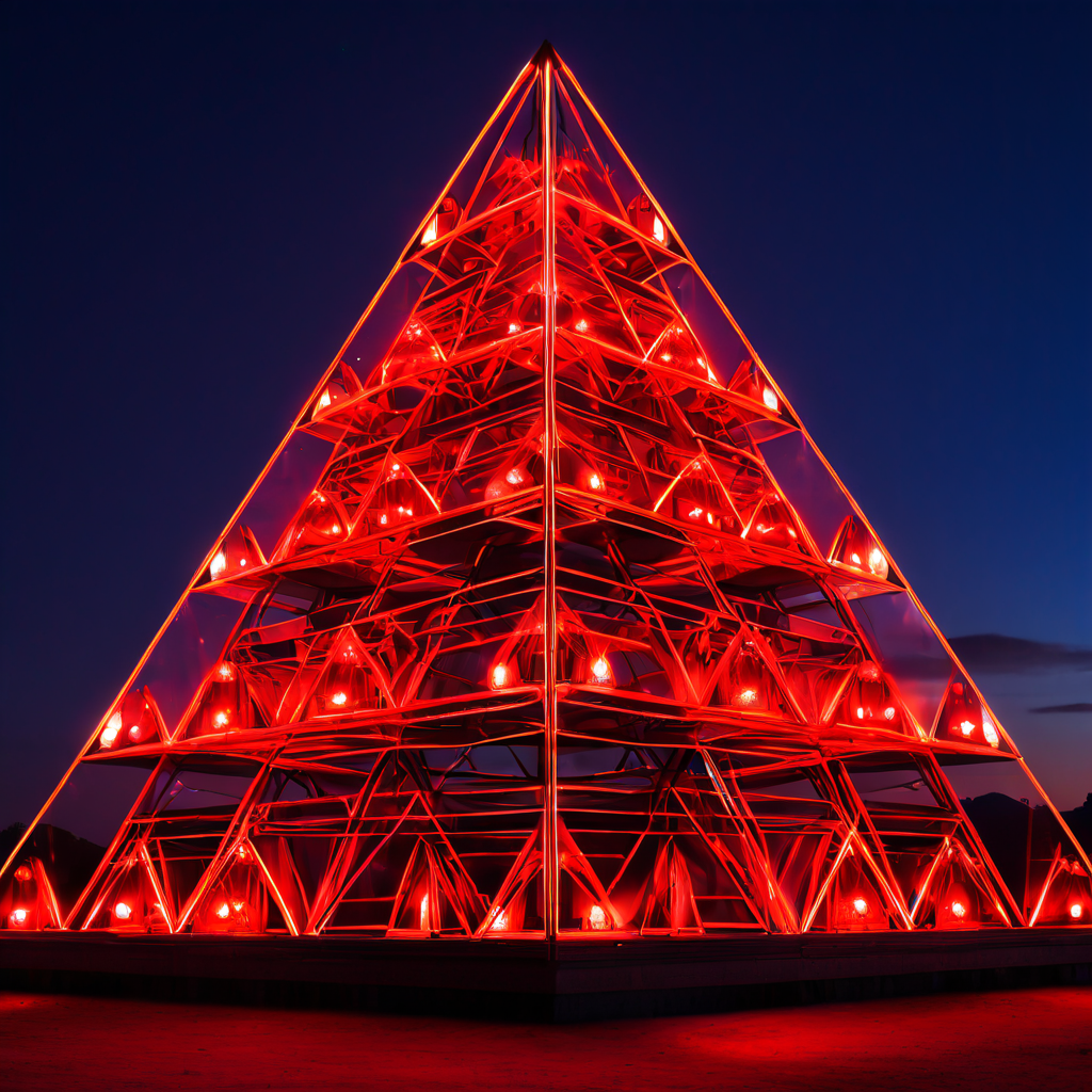 정보의 위계와 확산을 상징하는 두 단계의 빛나는 피라미드 구조로, 넓은 기반부에서는 기초적인 가십이 활발히 오가고 좁은 정상부에서는 그 아래의 가십에 대한 메타 담론이 집중적으로 교환되는 모습을 표현한 이미지입니다.