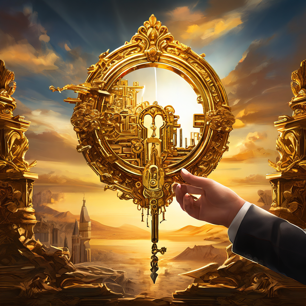 고전 회화를 배경으로 황금 열쇠가 여러 개의 디지털 조각으로 분해되어 각기 다른 사람들의 손에 쥐어지는 모습을 통해 데이터 분산과 공유의 개념을 시각적으로 표현한 이미지입니다.