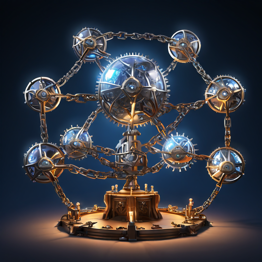 제안, 투표, 실행, 활성이라는 네 단계의 기어 메커니즘이 경사면을 오르며 빛나는 체인으로 연결되고, 최종적으로 활성화된 네트워크 구체로 이어지는 거버넌스 또는 의사 결정 프로세스를 시각적으로 표현한 이미지입니다.