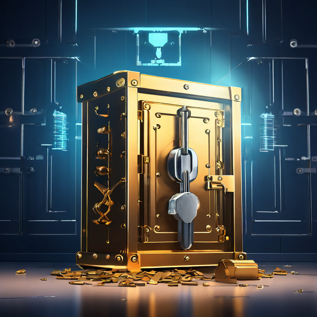 디파이 대출 금고를 상징하는 시각적 메타포로, 담보물을 의미하는 큰 자물쇠가 걸려 있고 청산 위험을 나타내는 망치가 그 위에 겨눠져 있는 모습을 묘사한 이미지입니다.