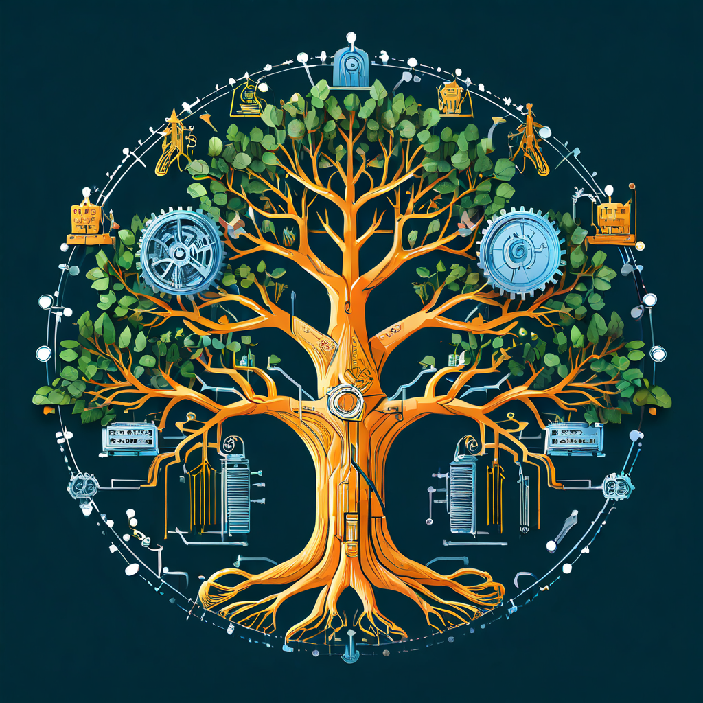 프로그래밍 언어 철학의 기어가 자원 트리와 맞물리며 자원 지향 설계의 핵심 원리를 상징적으로 표현한 개념도입니다.