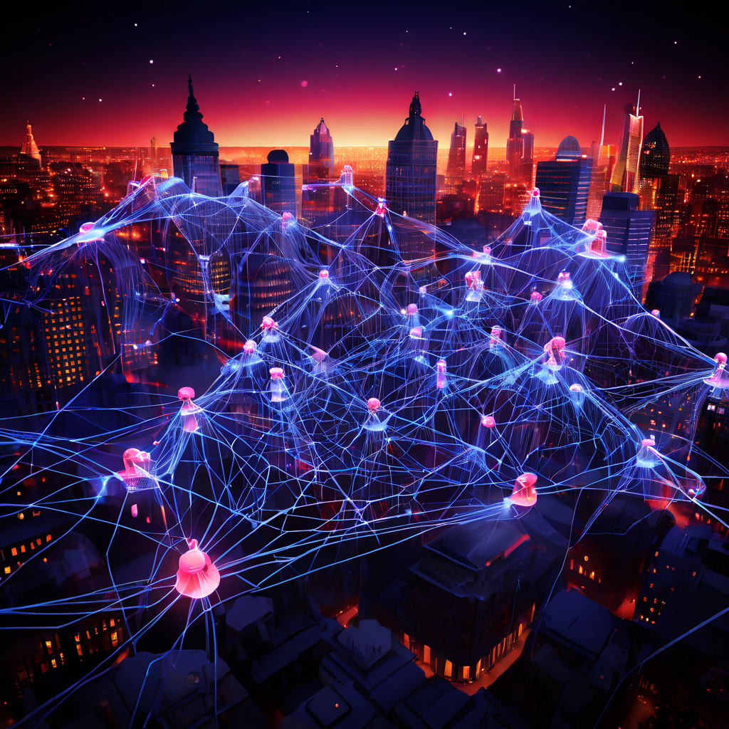 소문이 확산되는 과정을 상징하는 복잡한 디지털 네트워크가 공유와 데이터 흐름을 통해 빛나는 연결망과 합의를 형성하는 모습을 표현한 이미지입니다.