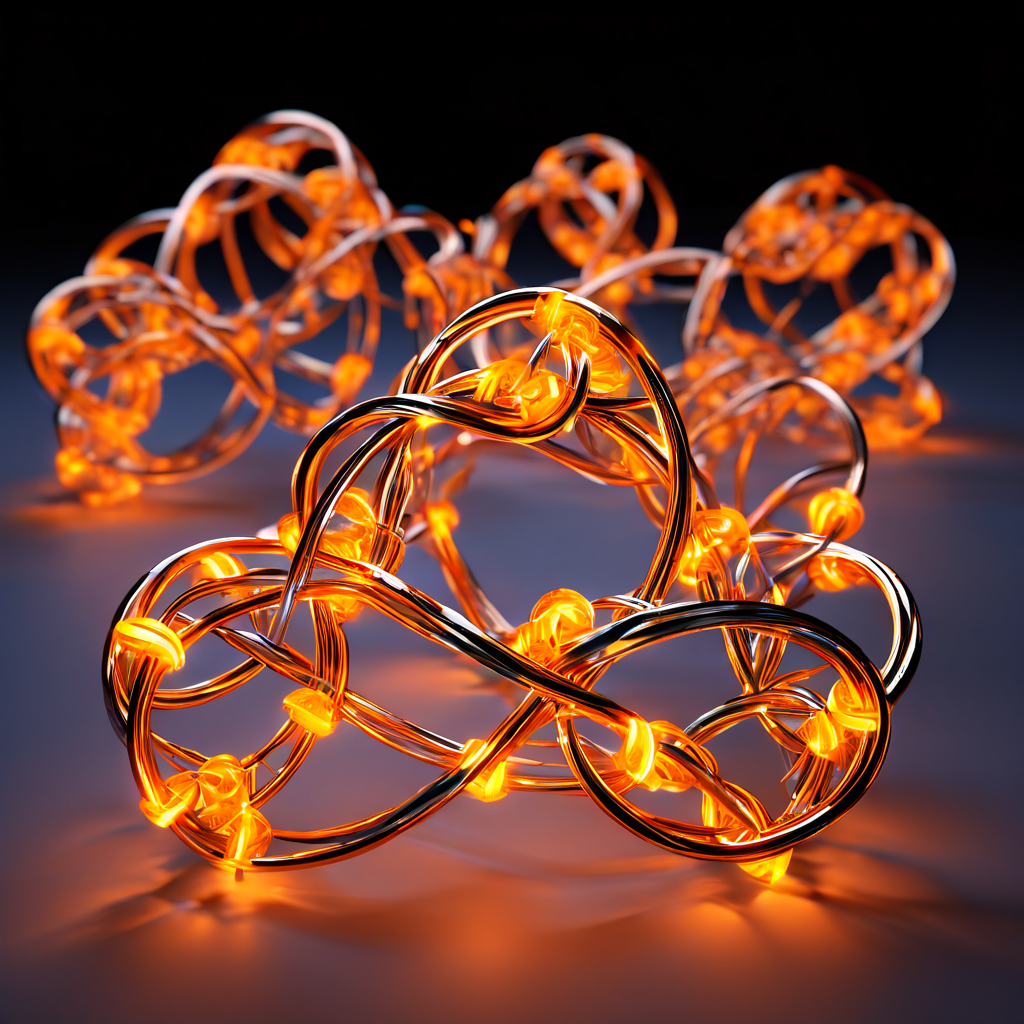 Tangle DAG 구조의 3D 모델로, 빛나는 노드들이 반짝이는 선으로 연결되어 있으며 일부 연결이 끊어지며 이 기술의 이론적 장점과 실제 한계를 시각적으로 보여줍니다.