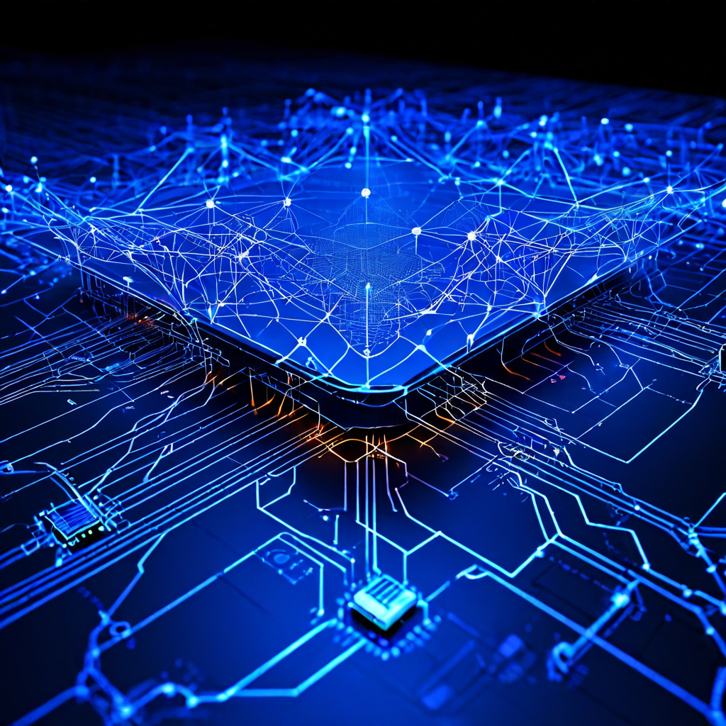 분산형 네트워크의 상세한 청사진으로, 노드들이 빛나는 메쉬 형태를 이루고 있으며 증명 커버리지를 의미하는 중앙의 방패가 핵심 보안 메커니즘을 시각화하고 있습니다.