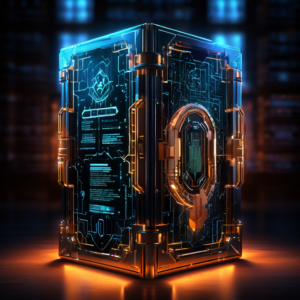 블록체인 기술로 강화된 디지털 화폐 소유권 증명서가 암호화된 방어막과 노드 네트워크로 안전하게 보호되고 있는 개념을 시각화한 이미지입니다.