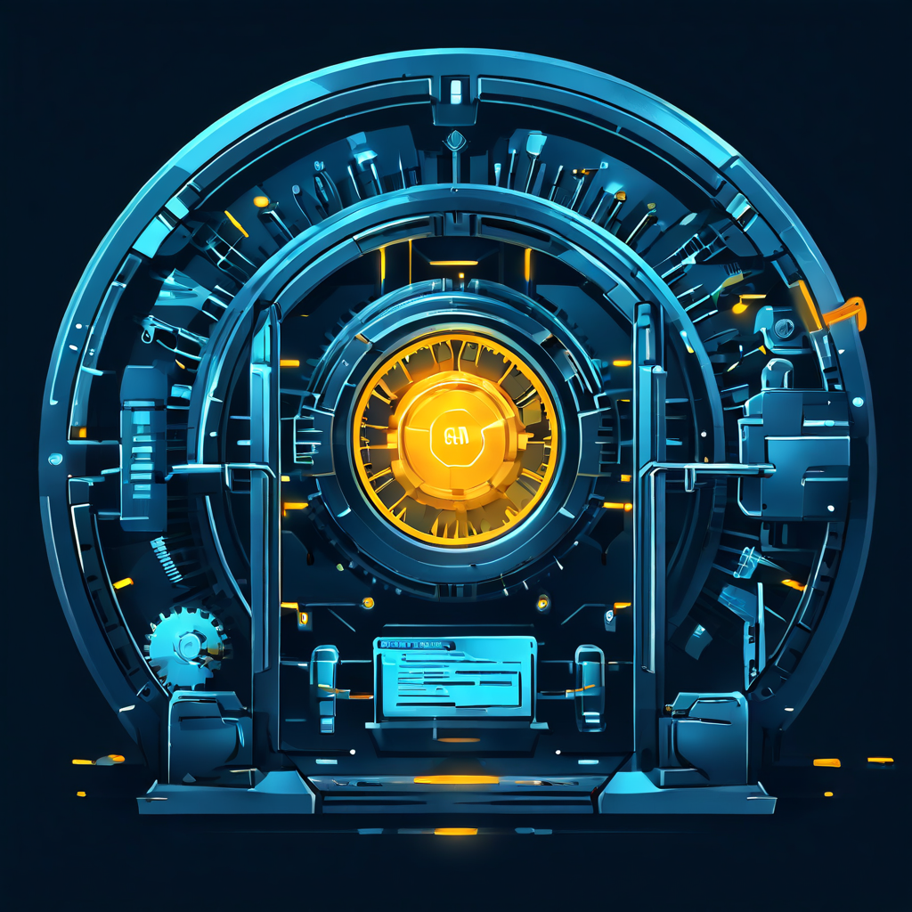 거래 수수료가 없는 안전한 금고를 상징하는 일러스트로, 작동 인센티브와 보안 메커니즘이 표시된 빛나는 기어들이 시스템의 효율성과 강력한 보호 기능을 구동하고 있습니다.