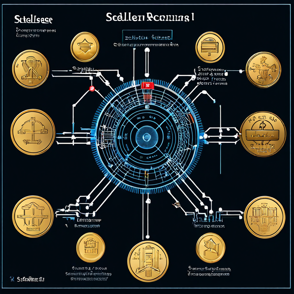 알고리즘을 중심 기어로 표현한 다이어그램이 안정코인을 사용자에게 분배하고 시뇨리지 수익을 재무부 금고에 축적하는 디지털 자산 메커니즘을 설명합니다.
