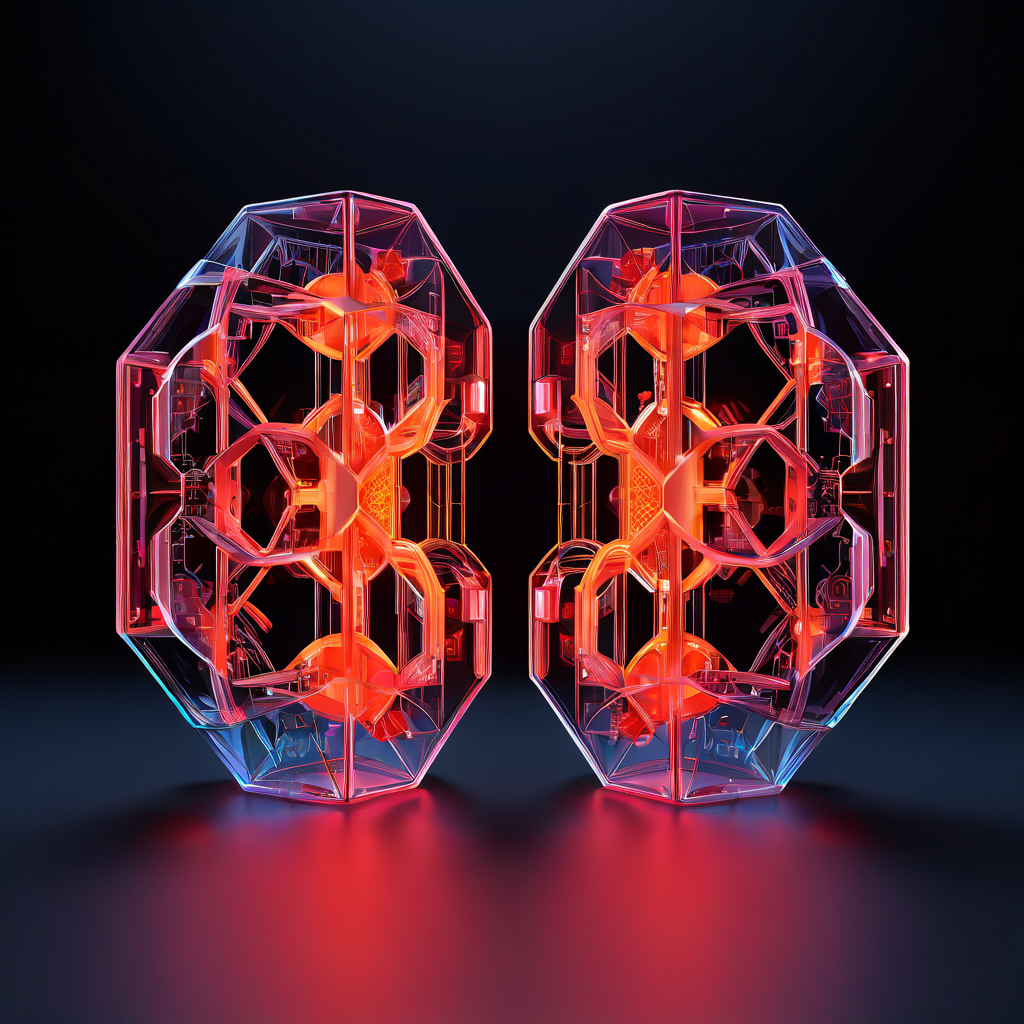 블록체인 진화의 새로운 축인 Aptos와 Sui의 객체 중심 설계를 빛나는 3D 기하학적 코어로 연결하여 보여주는 분할 화면 이미지입니다.