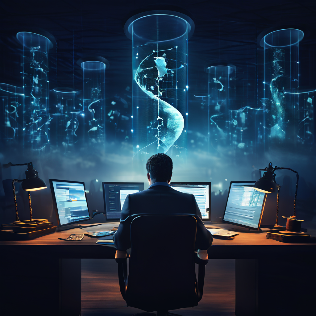 사무실 책상에 묶여 지친 표정으로 끝없는 데이터 화면을 바라보는 직장인과 생산성을 빨아들이는 유령 같은 모래시계가 현대 직장인의 업무 과중과 소진을 상징적으로 표현한 이미지입니다.