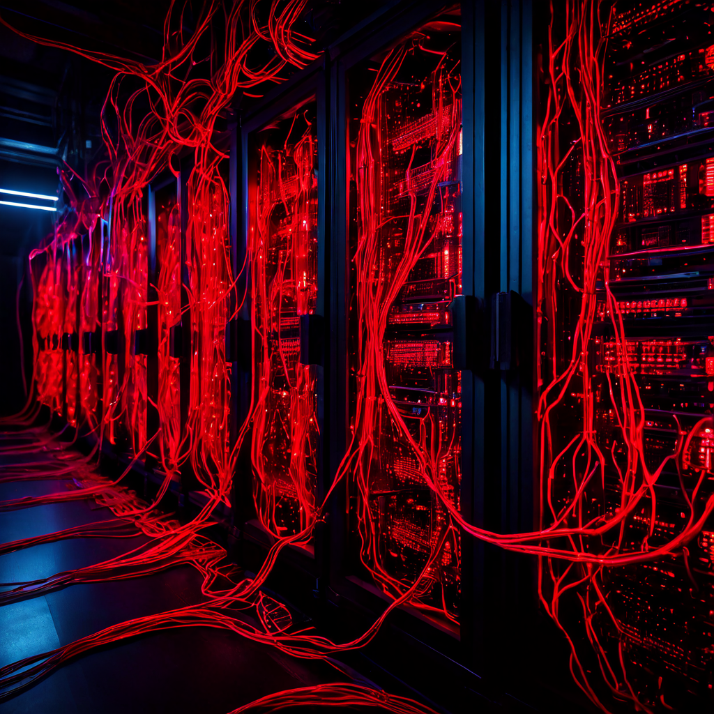 과부하 상태의 서버 랙이 빨간 경고등을 깜빡이며 이진 코드의 밀집된 흐름과 복잡하게 얽힌 데이터 케이블로 가득 찬 모습을 보여줍니다.