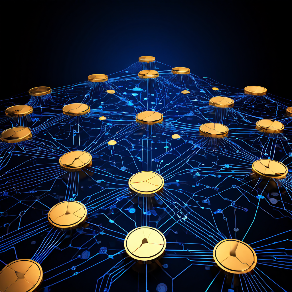 확장성을 상징하는 추상적 네트워크가 두 개의 레이어로 분리되며, 높은 비용이 작은 코인 형태로 재분배되어 수수료 구조 조정을 표현한 개념도입니다.