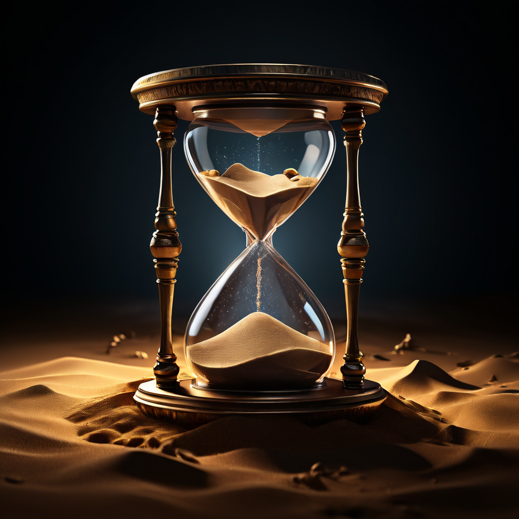 시간이 곧 돈이라는 개념을 상징적으로 표현한 디지털 모래시계 안에서 동전이 멈춰 있고, 그림자 같은 인물이 동전을 복제하며 중복된 유령 이미지를 만들어내는 모습을 담은 일러스트입니다.