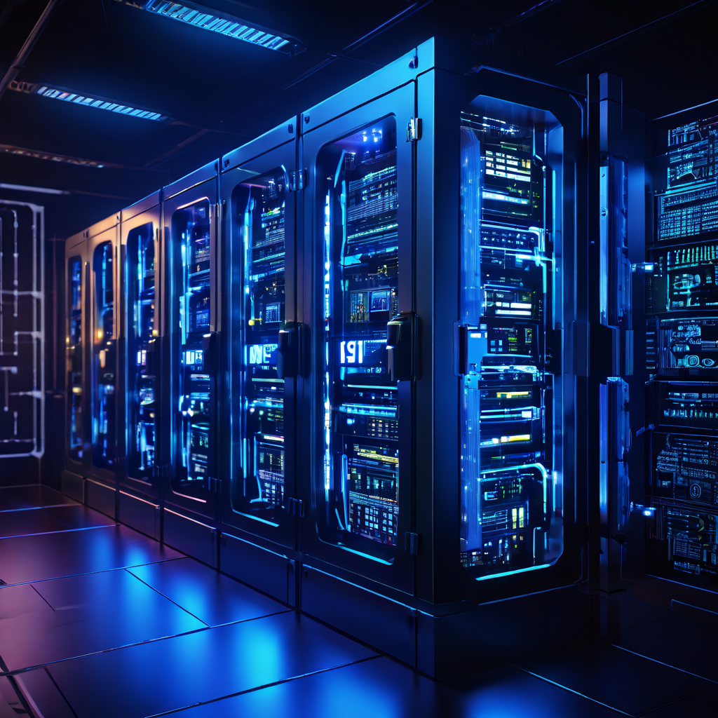 중앙에 HSM이 표시된 방어력 높은 하드웨어 모듈이 빛나며, 디지털 자물쇠와 보호막이 데이터 흐름과 암호화폐 아이콘들을 안전하게 지키고 있는 보안 서버실 내부 모습입니다.