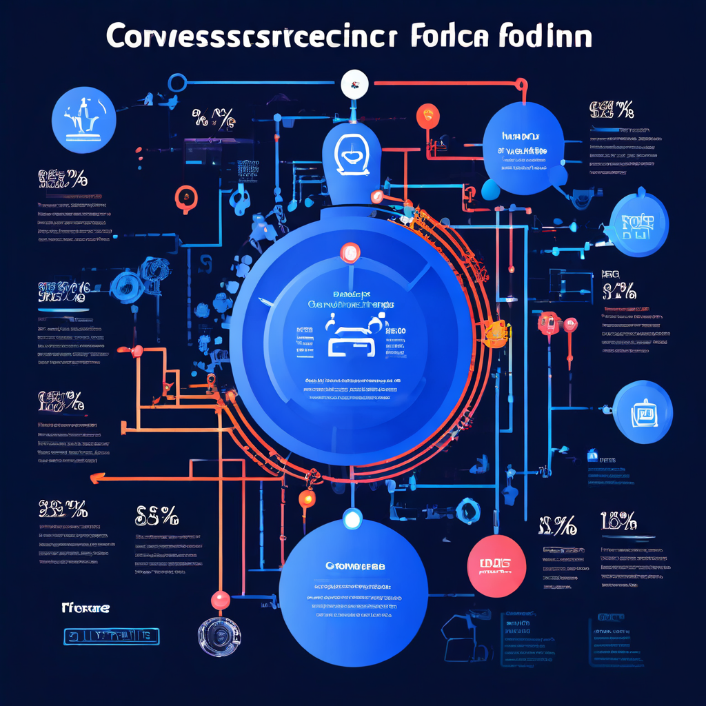사용자 활동이 보상으로 전환되는 과정을 추상적인 플로우차트로 보여주며, 전환율이라는 기어 장치가 마케팅 퍼널의 최종 결과물에 영향을 미치는 구조를 설명하는 이미지입니다.