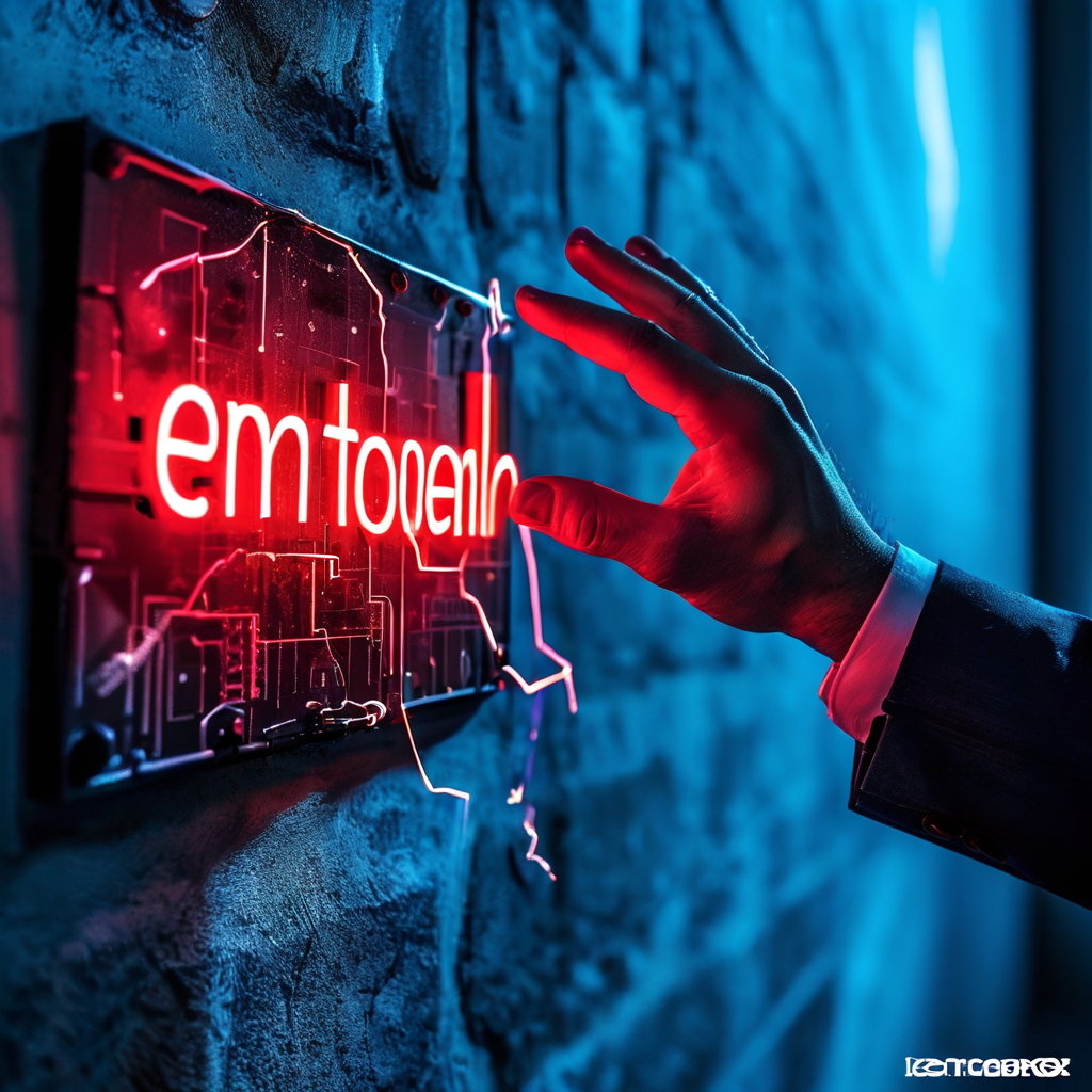 급락하는 주식 차트를 보며 패닉에 빠진 투자자의 손이 매도 버튼을 누르려는 순간, '감정 서킷 브레이커'라고 적힌 방화벽이 이를 막아서는 모습을 상징적으로 표현한 이미지입니다.