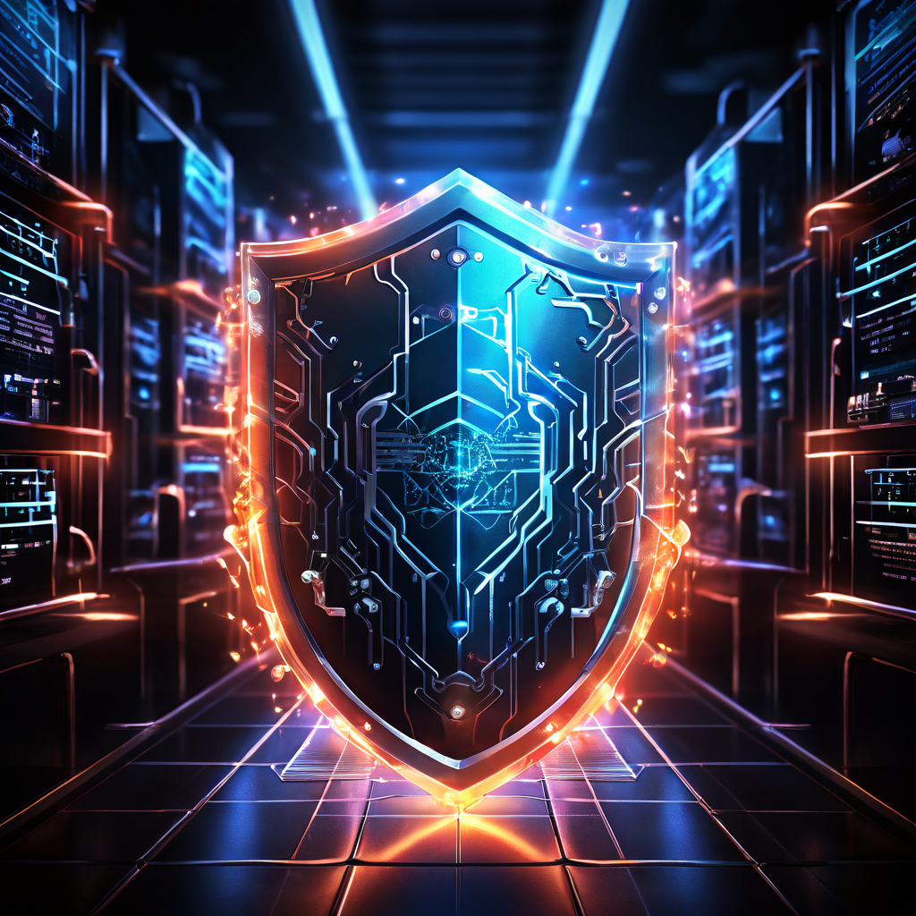 사이버 보안의 핵심 개념인 방어막이 데이터 고속도로를 보호하며, 안전한 검문소와 방화벽을 통과해 빛나는 데이터 패킷이 흐르는 디지털 보안 체계를 상징적으로 표현한 이미지입니다.