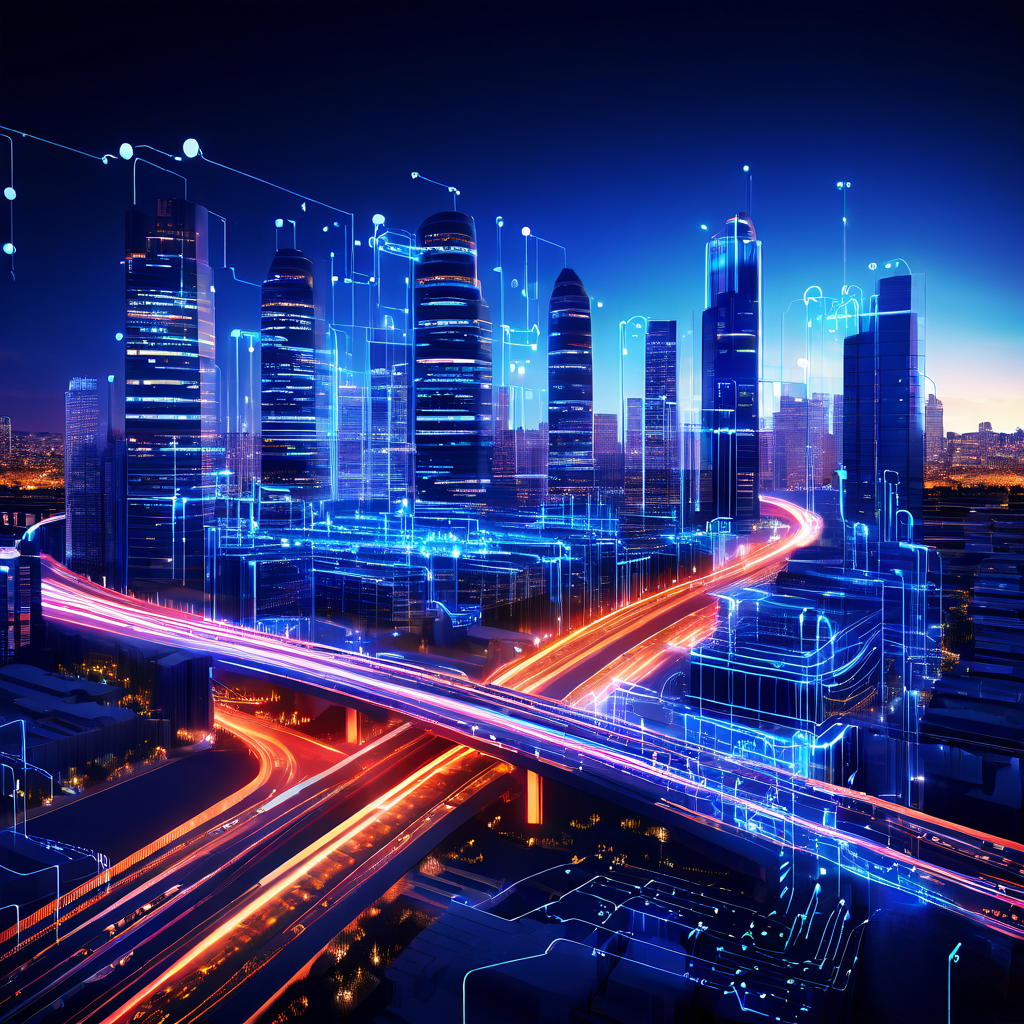 현대적인 디지털 도시에서 빛나는 데이터 흐름이 중앙의 균형 잡힌 교통 허브로 모여드는 모습으로, 효율적인 인프라 관리의 핵심 개념을 시각화한 이미지입니다.