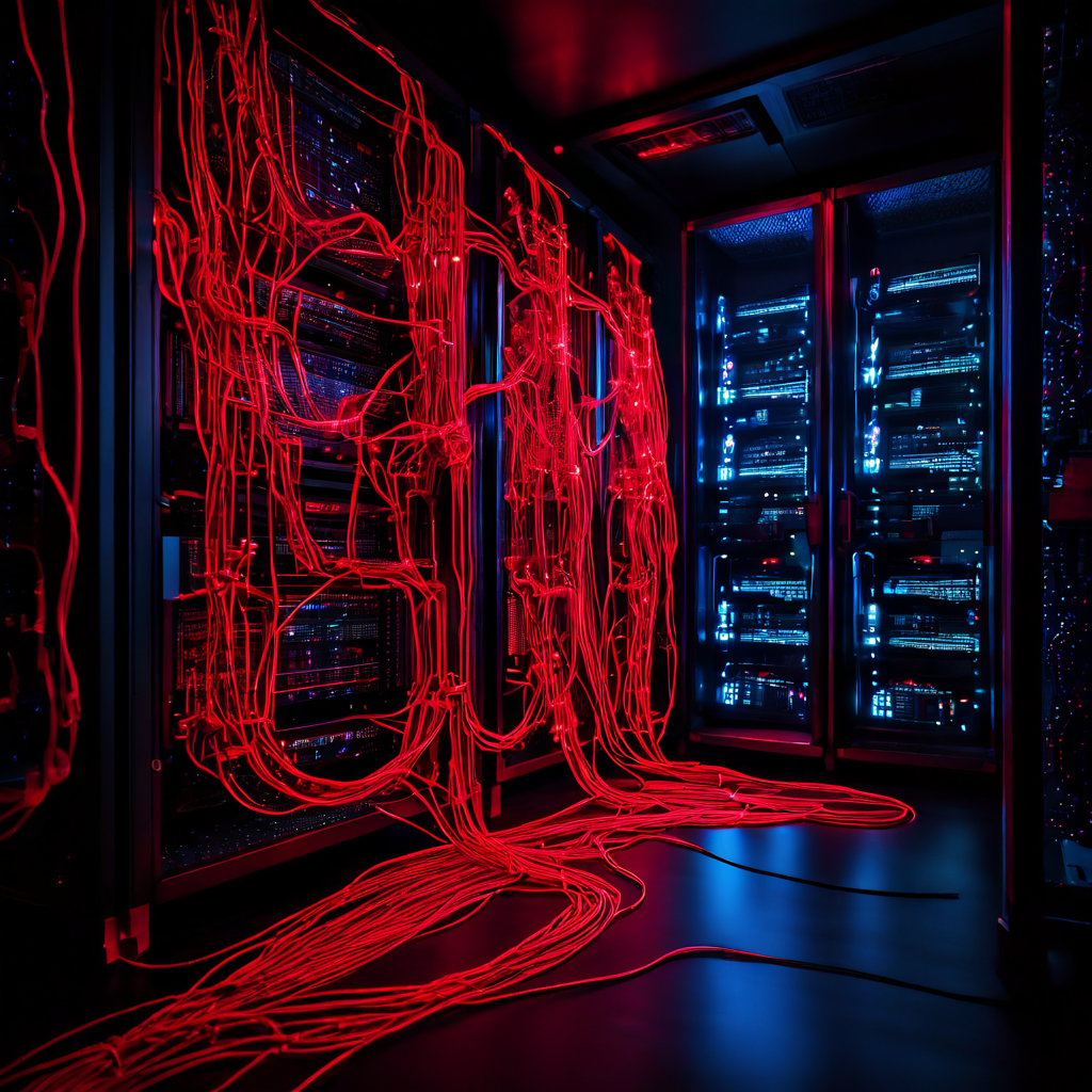 빨갛게 과열된 서버 랙과 엉킨 데이터 케이블, 정체된 노드로 인해 거래 흐름이 느려지는 블록체인 다이어그램이 표현된 이미지로, 네트워크 병목 현상과 처리 지연 문제를 시각적으로 보여줍니다.