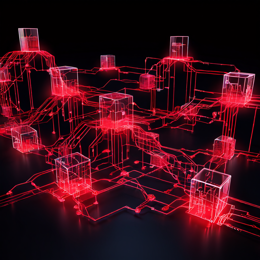 블록체인 네트워크의 투명한 데이터 블록을 통해 혼란스럽게 얽힌 붉은 금융 경로의 흐름을 진단하고 분석하는 개념도를 보여주는 이미지입니다.