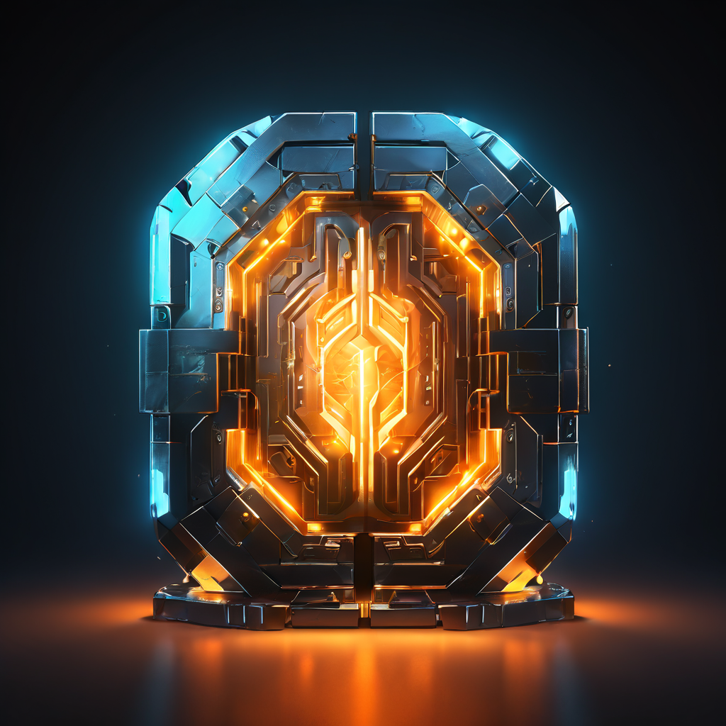 블록체인 기술의 불변하는 거래 확정성을 상징하며, 맞물린 블록으로 구성된 개념적인 방패가 빛나는 디지털 금고를 보호하는 모습을 표현한 이미지입니다.