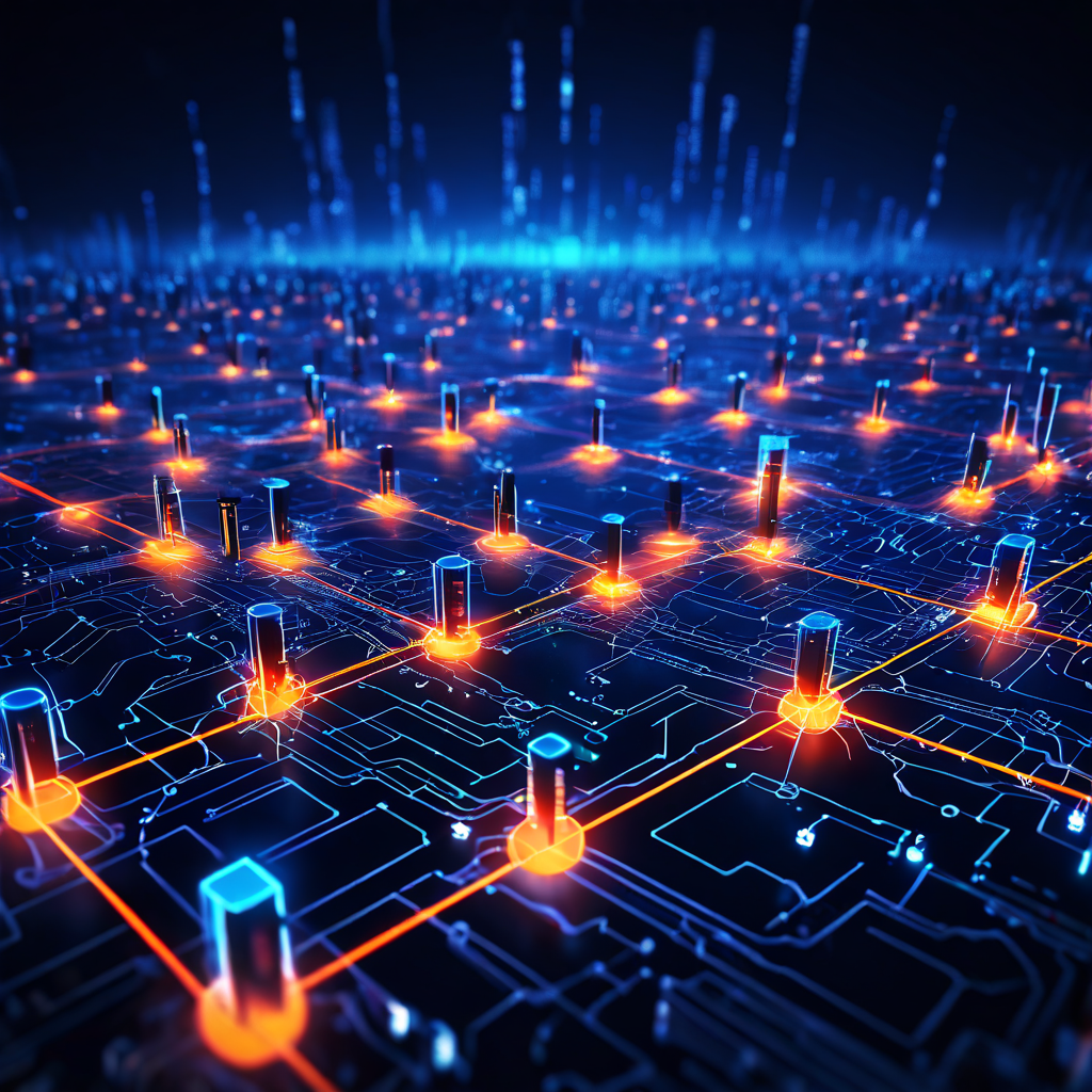 블록체인 기반 미래 금융 네트워크에서 중앙 노드의 불안정한 신호가 시스템 전체로 전파되며 연결 지연의 연쇄적 문제를 발생시키는 상황을 묘사한 개념도입니다.