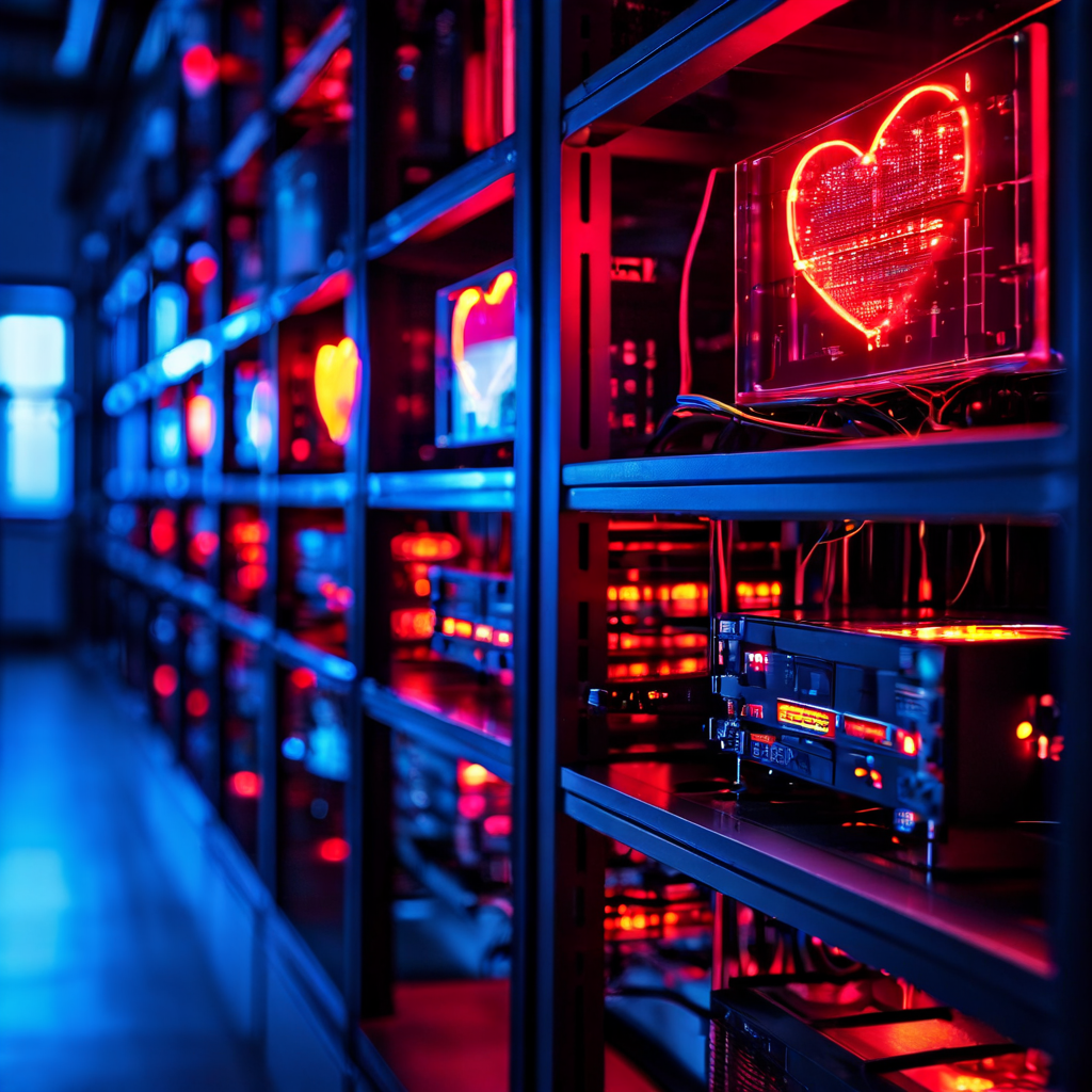 데이터 센터에서 의미 있는 응답을 전달하는 빛나는 서버 랙이 심장 박동 모니터 신호와 함께 활발하게 작동하는 모습을 상징적으로 표현한 이미지입니다.