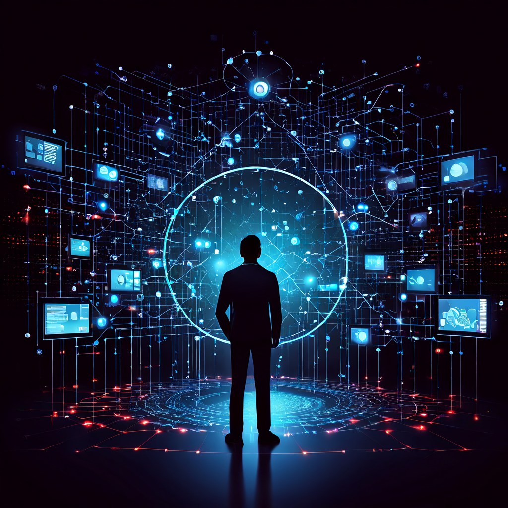 복잡한 네트워크 다이어그램 위에 놓인 돋보기와 단절된 모니터들에 둘러싸여 혼란스러워하는 운영자의 모습으로, 디지털 환경에서의 정보 과부하와 보안 취약점을 상징적으로 표현한 이미지입니다.