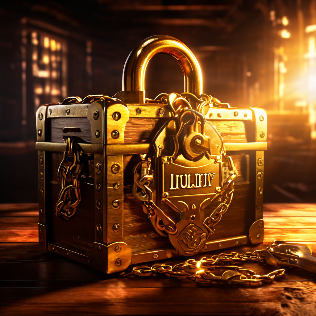 유동성을 상징하는 보물상자에 걸린 커다란 자물쇠의 모순된 상황을 표현한 이미지로, 금빛 광채가 틈새로 퍼져 나오는 모습이 금융 시장에서 유동성의 중요성과 제약 조건을 동시에 보여줍니다.