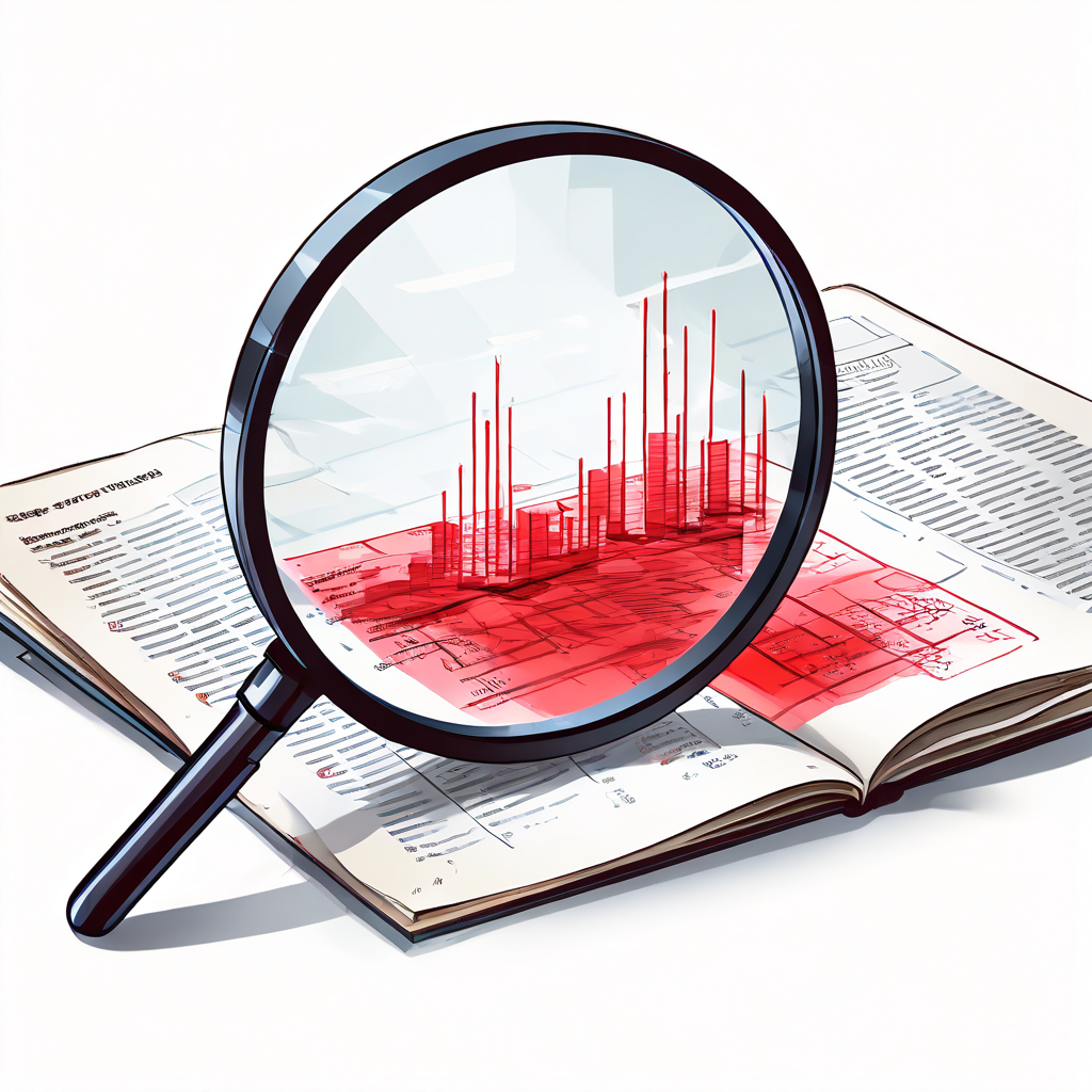 재무 보고서 페이지를 자세히 살펴보는 돋보기 아래로, 간과된 적자 문제가 마치 잉크처럼 스며드는 것을 상징적으로 표현한 이미지입니다.