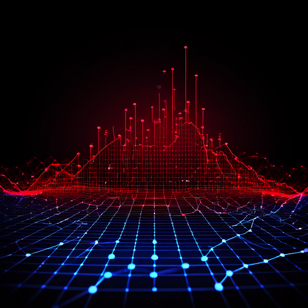 네트워크 연결 노드에서 발생한 심각한 장애로 인해 시스템 성능이 급격히 저하되고 있으며, 위험을 알리는 경고 아이콘이 점등된 상태를 보여주는 모니터링 대시보드 이미지입니다.