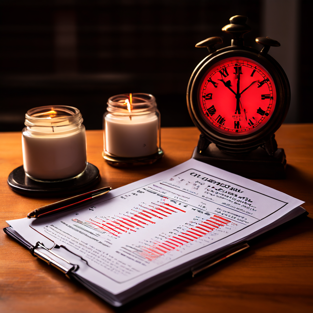 증상 진단이 적힌 의료 차트와 함께 지연된 시계가 위험을 알리는 붉은 경고 신호를 발산하며 의료 응급 상황의 긴급성을 강조하는 이미지입니다.